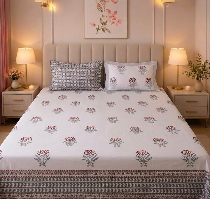 Classic Buta with Border Design Cambric Cotton Hand block Printed Bed sheet with 2 Pillow covers