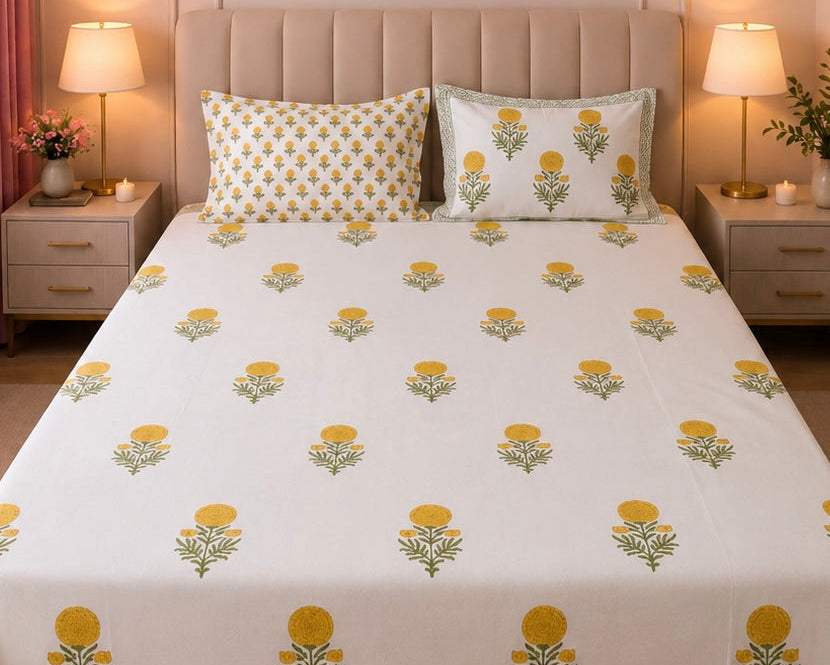 Mustard Floral Hand block Cambric Cotton King Size Bedsheet with 2 Pillow Covers