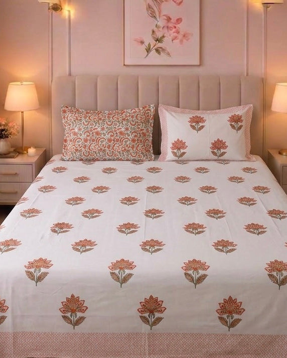 Summer Bloom Peach Ivory Percale Cotton King Size Bed sheet with 2 Pillow Covers