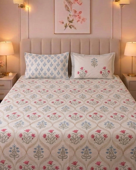 Floral Hand Block Percale Cotton King Size Bedsheet with 2 Pillow Covers