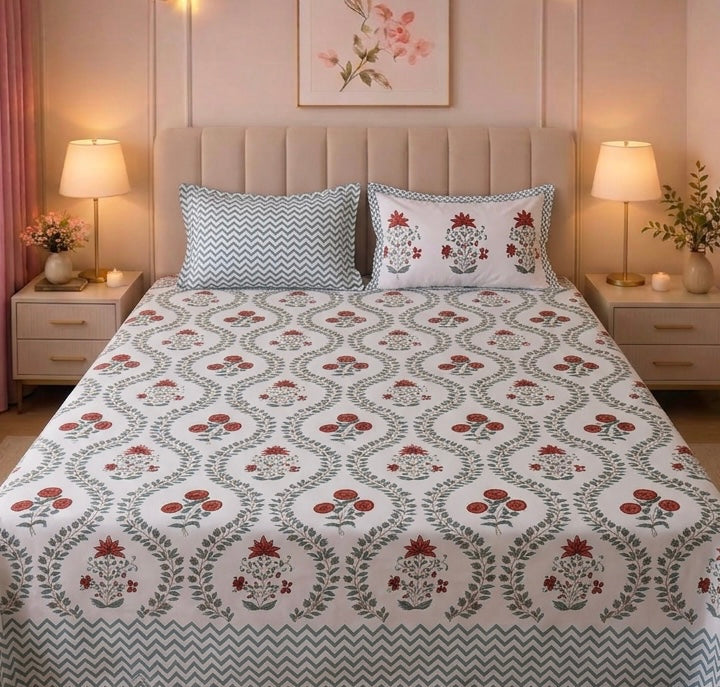 Summer Bloom Percale Cotton King Size Bed sheet with 2 Pillow Covers