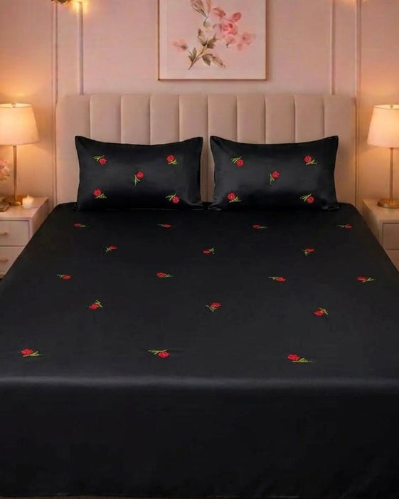 Midnight Rose Classic Black Satin Cotton Bed sheet with 2 Pillow Covers