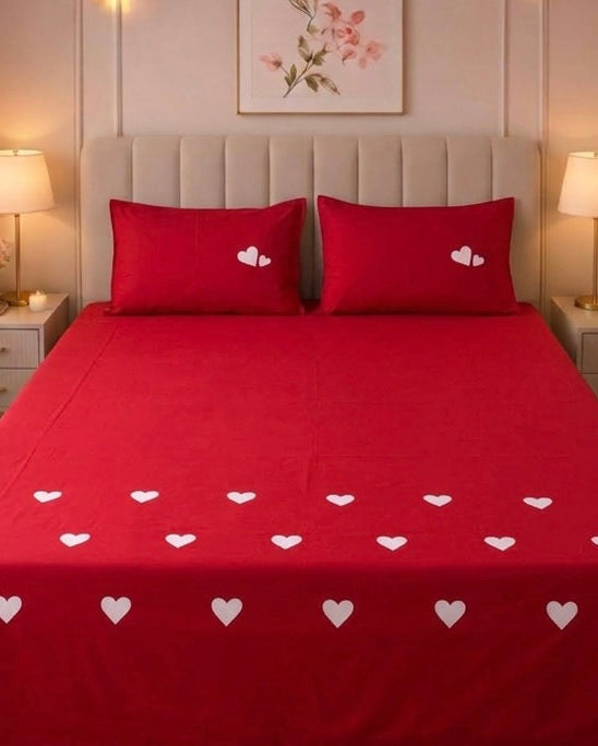 Romantic Hearts Percale Cotton Bed sheet with 2 Pillow Covers