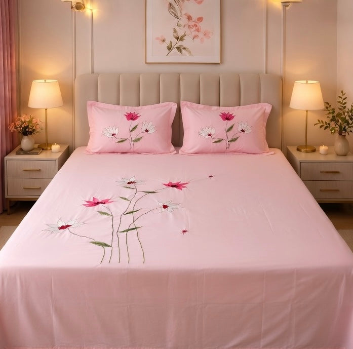 Blush Lotus Satin Cotton Bed sheet with 2 Pillow Covers