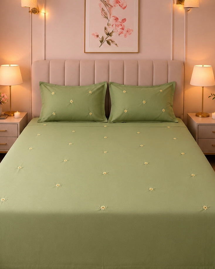 Sunlit Daisy Percale Cotton Bed sheet with 2 Pillow Covers