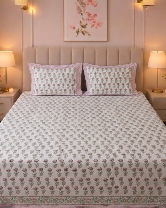 Floral Hand block Percale Cotton King Size Bedsheet with 2 Pillow Covers