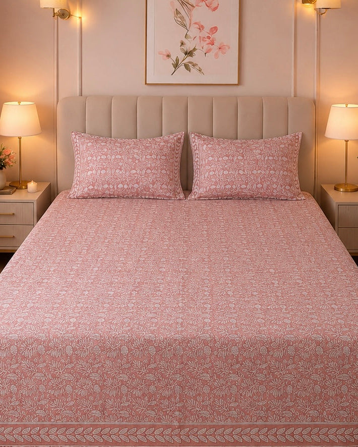 Blush Pink Hand block Percale Cotton King Size Bedsheet with 2 Pillow Covers