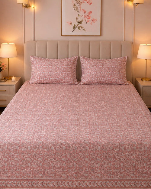 Blush Pink Hand block Percale Cotton King Size Bedsheet with 2 Pillow Covers