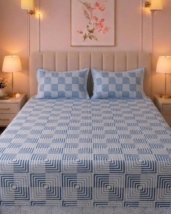 Blue Geometric Hand block Cambric Cotton Bedsheet with 2 Pillow Covers