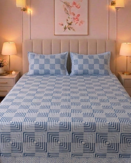Blue Geometric Hand block Cambric Cotton Bedsheet with 2 Pillow Covers