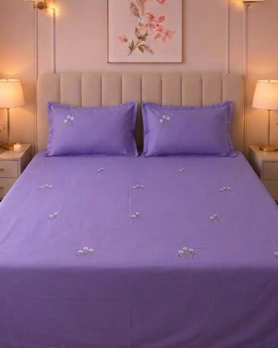 Lavender Bloom Satin Cotton Bed sheet with 2 Pillow Covers