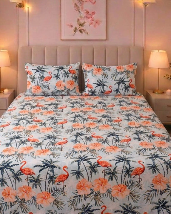 Tropical Flamingo Sateen Cotton King Size Bedsheet with 2 Pillow Covers
