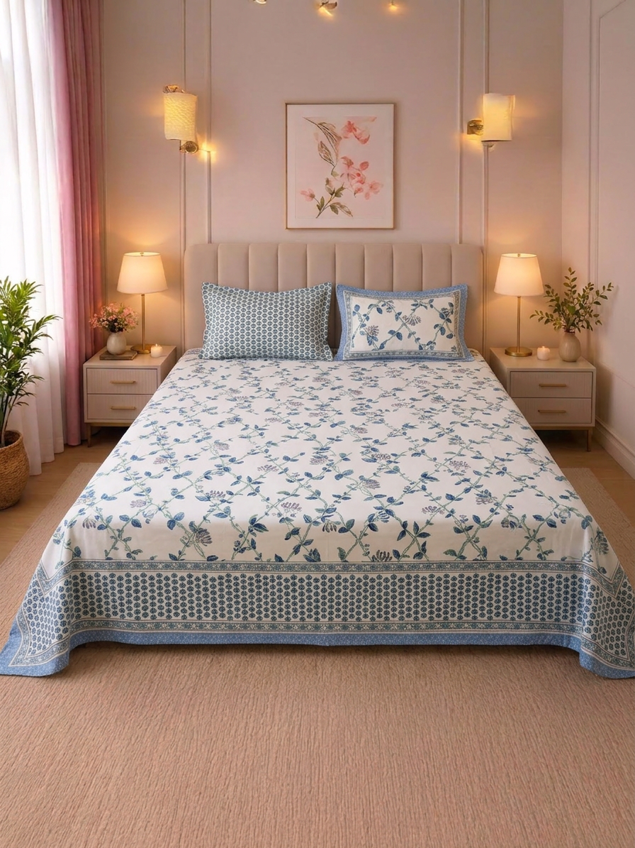 Summer Bloom Floral Cotton King Size Bed sheet with 2 Pillow Covers