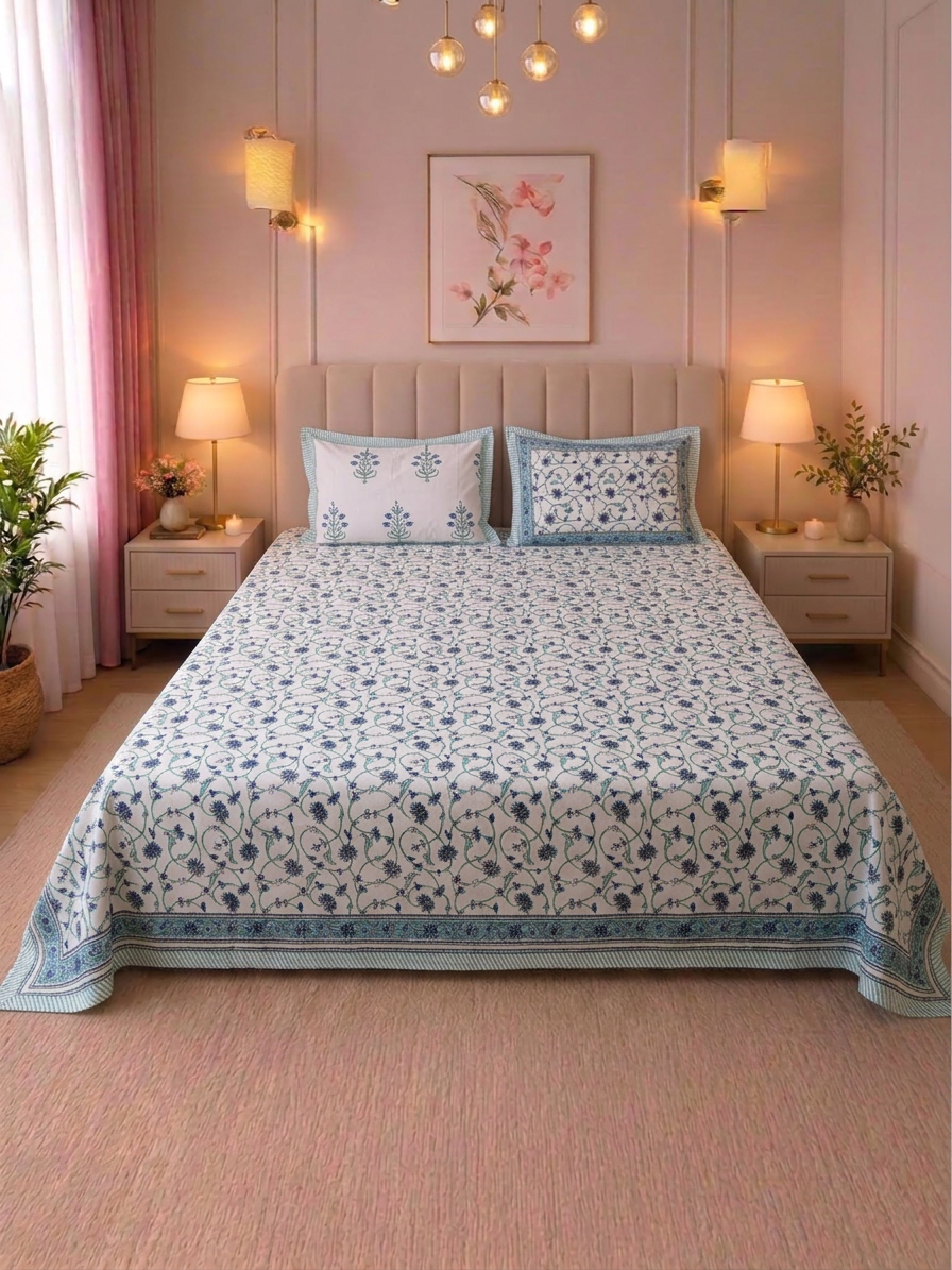 Summer Bloom Percale Cotton King Size Bed sheet with 2 Pillow Covers