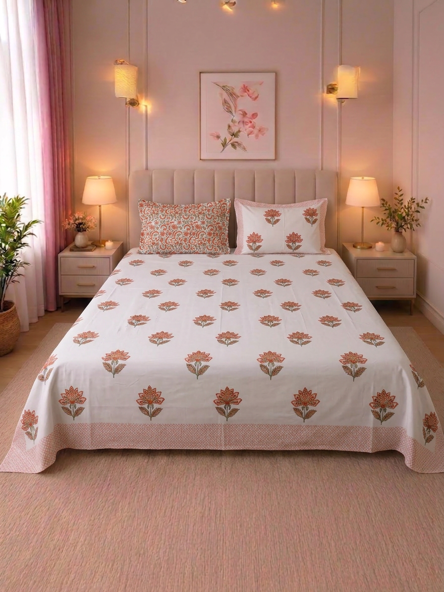 Summer Bloom Peach Ivory Percale Cotton King Size Bed sheet with 2 Pillow Covers