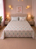 Floral Hand Block Percale Cotton King Size Bedsheet with 2 Pillow Covers