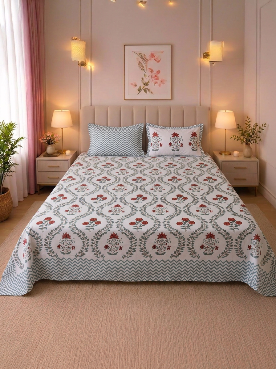 Summer Bloom Percale Cotton King Size Bed sheet with 2 Pillow Covers