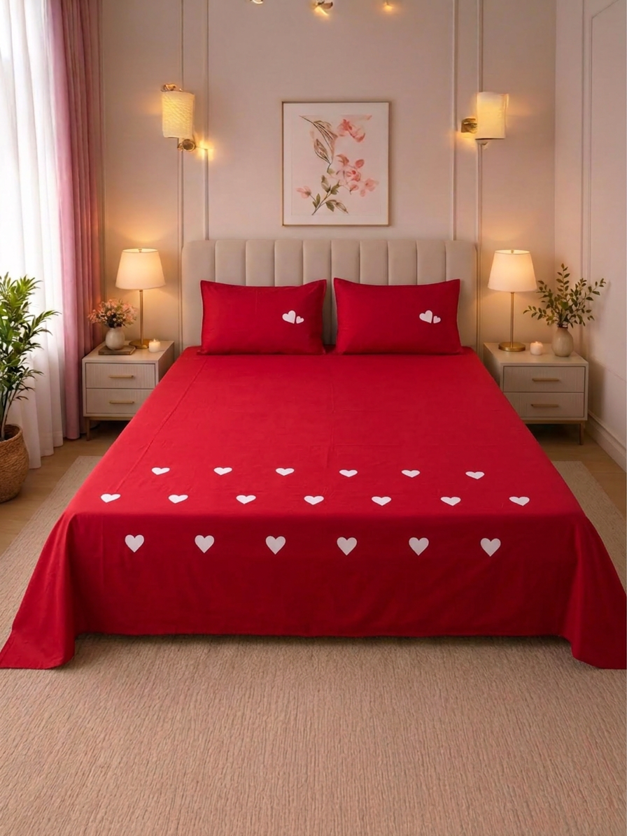 Romantic Hearts Percale Cotton Bed sheet with 2 Pillow Covers