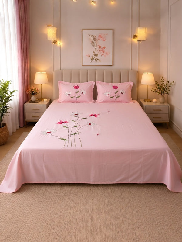 Blush Lotus Satin Cotton Bed sheet with 2 Pillow Covers