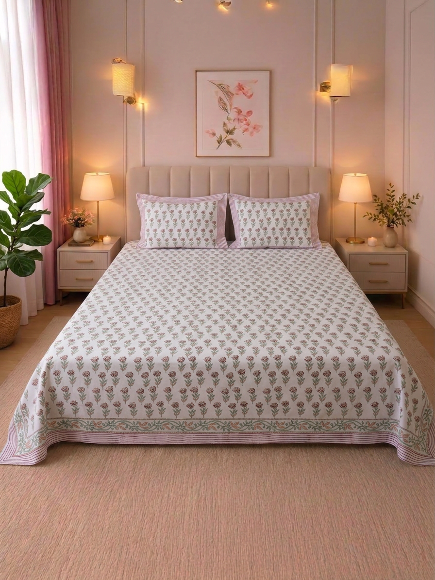 Floral Hand block Percale Cotton King Size Bedsheet with 2 Pillow Covers