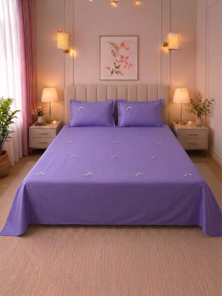Lavender Bloom Satin Cotton Bed sheet with 2 Pillow Covers