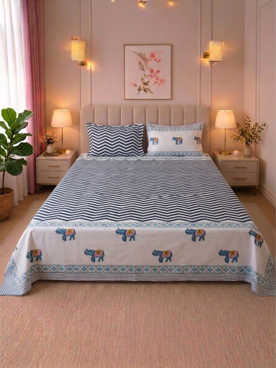 Elephant Motif Hand block Cambric Cotton Bed sheet with 2 Pillow Covers