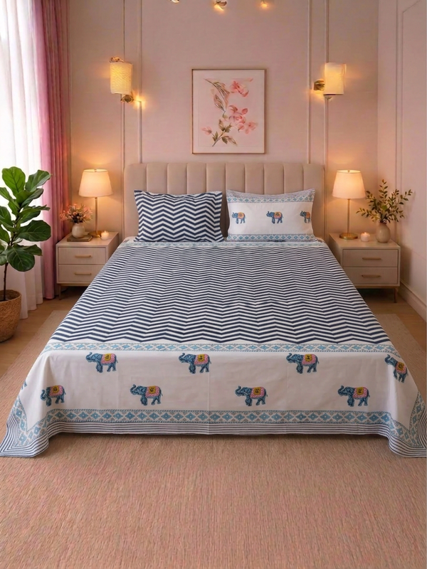 Elephant Motif Hand block Cambric Cotton Bed sheet with 2 Pillow Covers