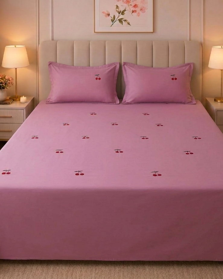 Cherry Blush Satin Cotton King Size Bed sheet with 2 Pillow Covers