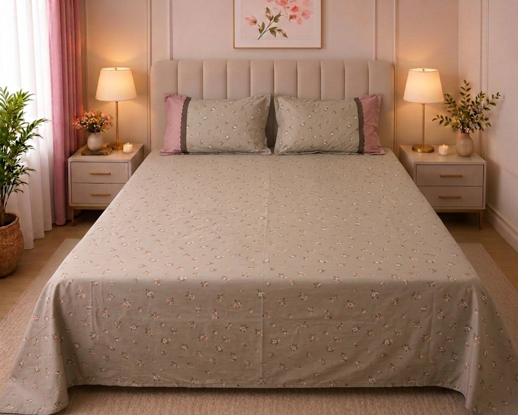 Shabby Chic Floral Cotton King Size Bedsheet with 2 Pillow Covers