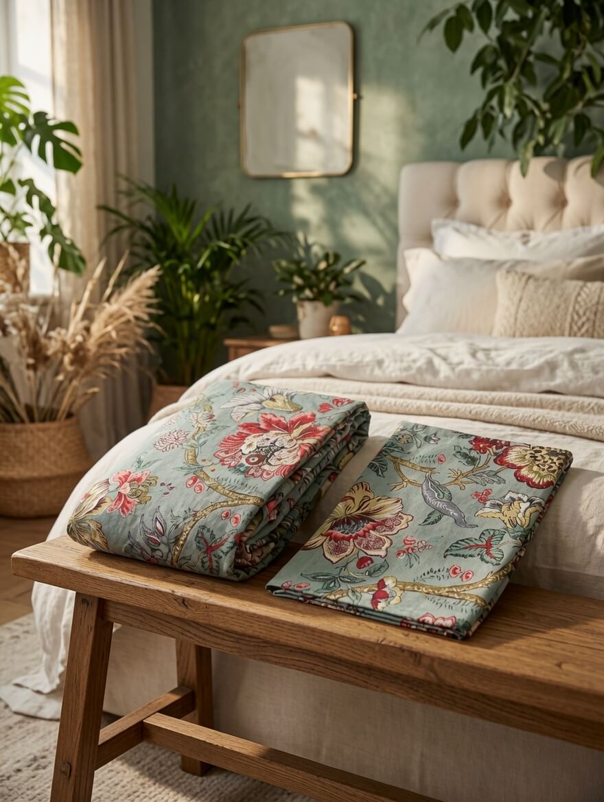 Zeren Threads Pale Turquoise Floral Cotton King Size Fitted Bedsheet Set - 100% Cotton - Botanical Print