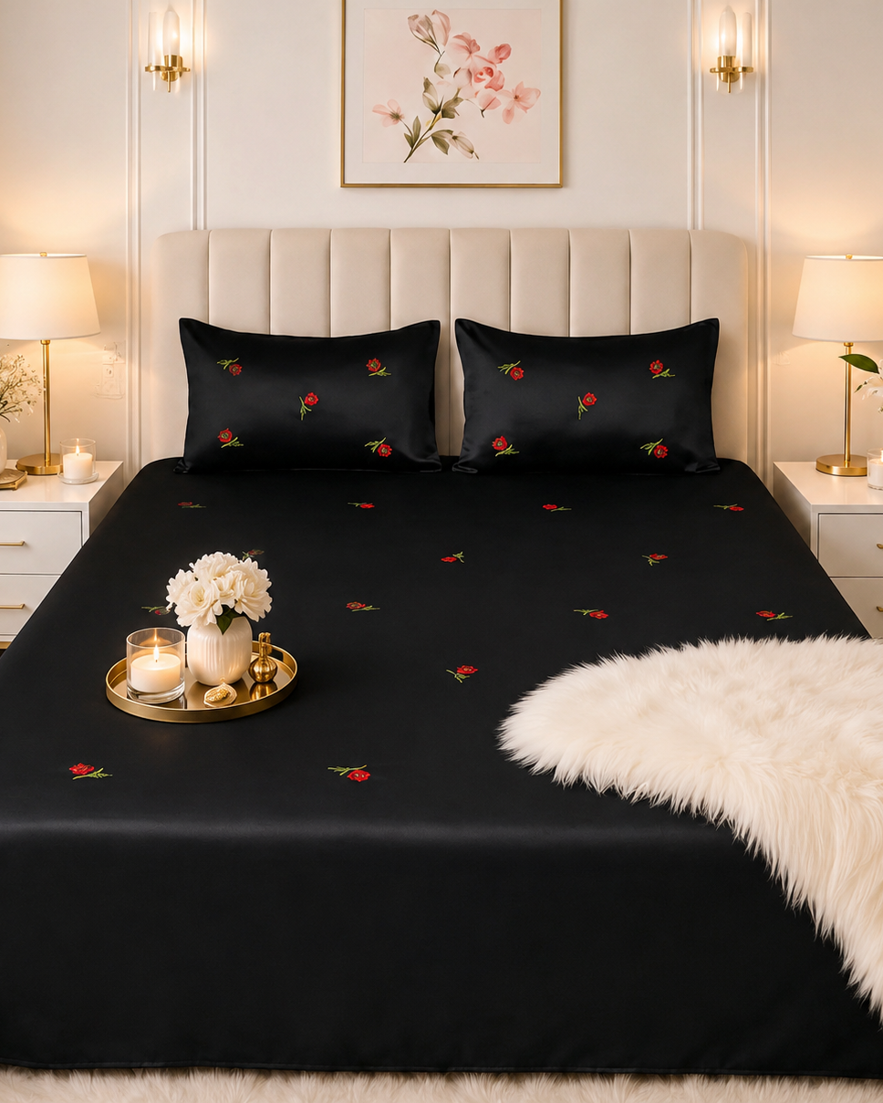 Midnight Rose Classic Black Satin Cotton Bed sheet with 2 Pillow Covers