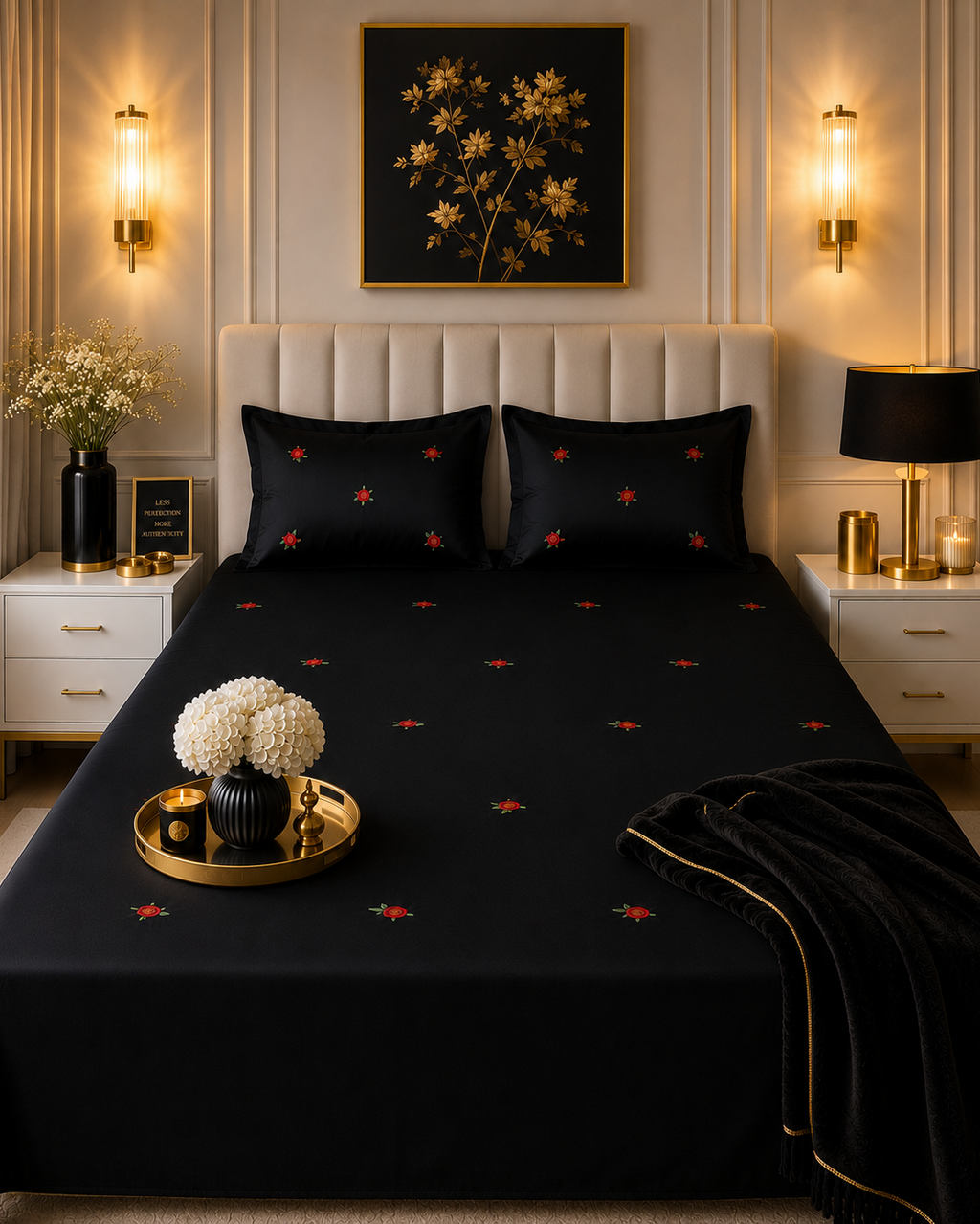 Midnight Rose Classic Black Satin Cotton Bed sheet with 2 Pillow Covers