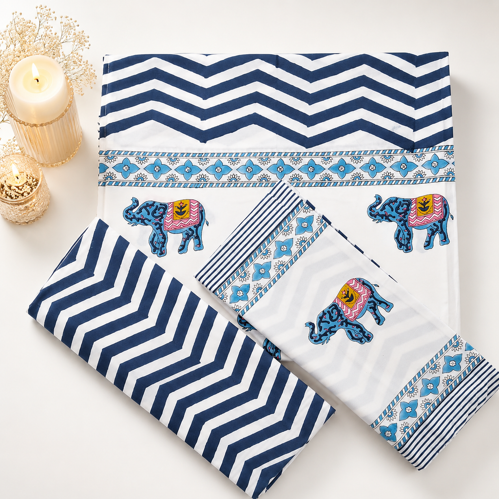 Elephant Motif Hand block Cambric Cotton Bed sheet with 2 Pillow Covers