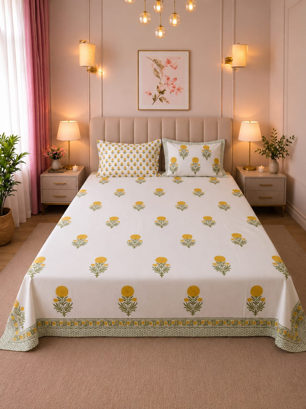 Mustard Floral Hand block Cambric Cotton King Size Bedsheet with 2 Pillow Covers