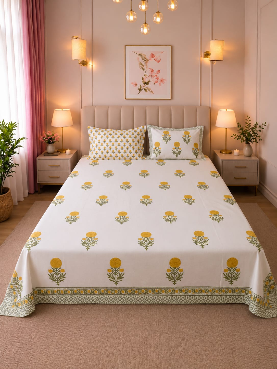 Mustard Floral Hand block Cambric Cotton King Size Bedsheet with 2 Pillow Covers