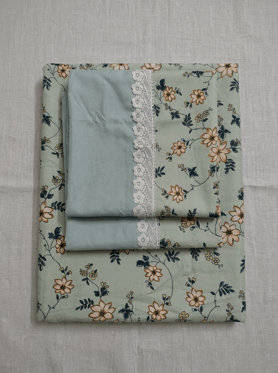 Sage Green Floral Cotton Bedsheet with Lace Border – King Size Bedsheet with 2 Pillow Covers