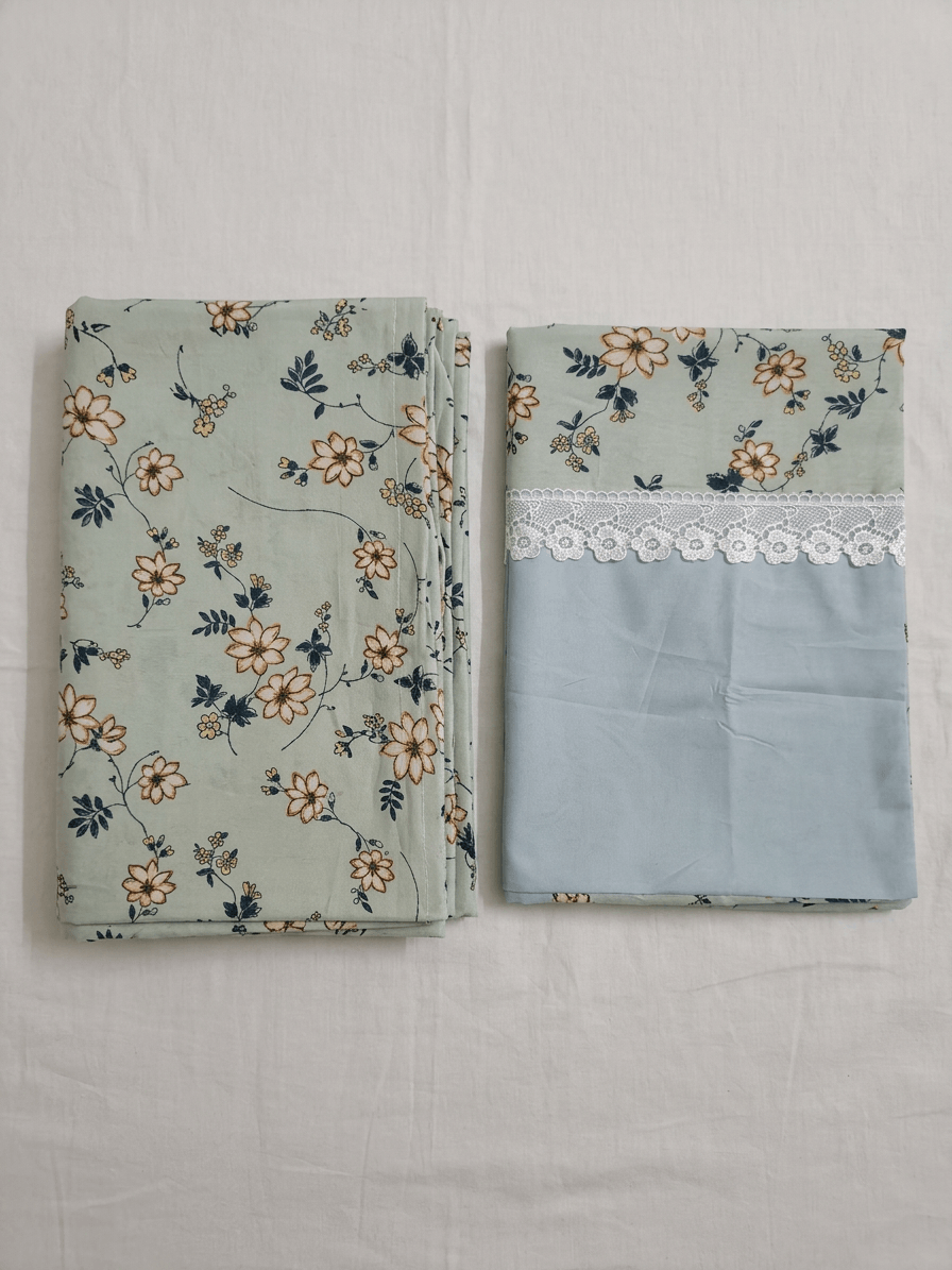 Sage Green Floral Cotton Bedsheet with Lace Border – King Size Bedsheet with 2 Pillow Covers