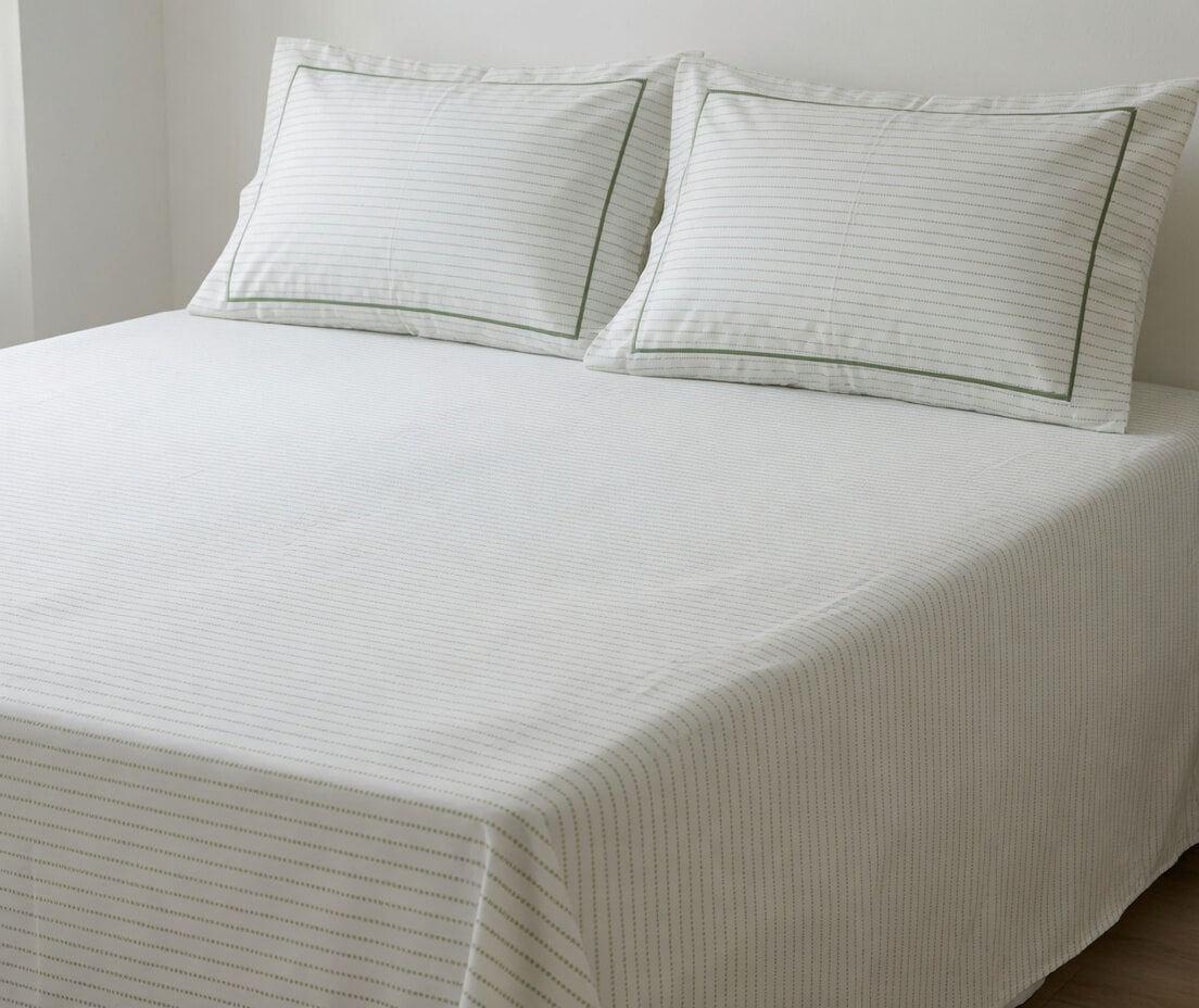 Zeren Threads Minimalist Striped White & Olive Green King Size Bedsheet Set