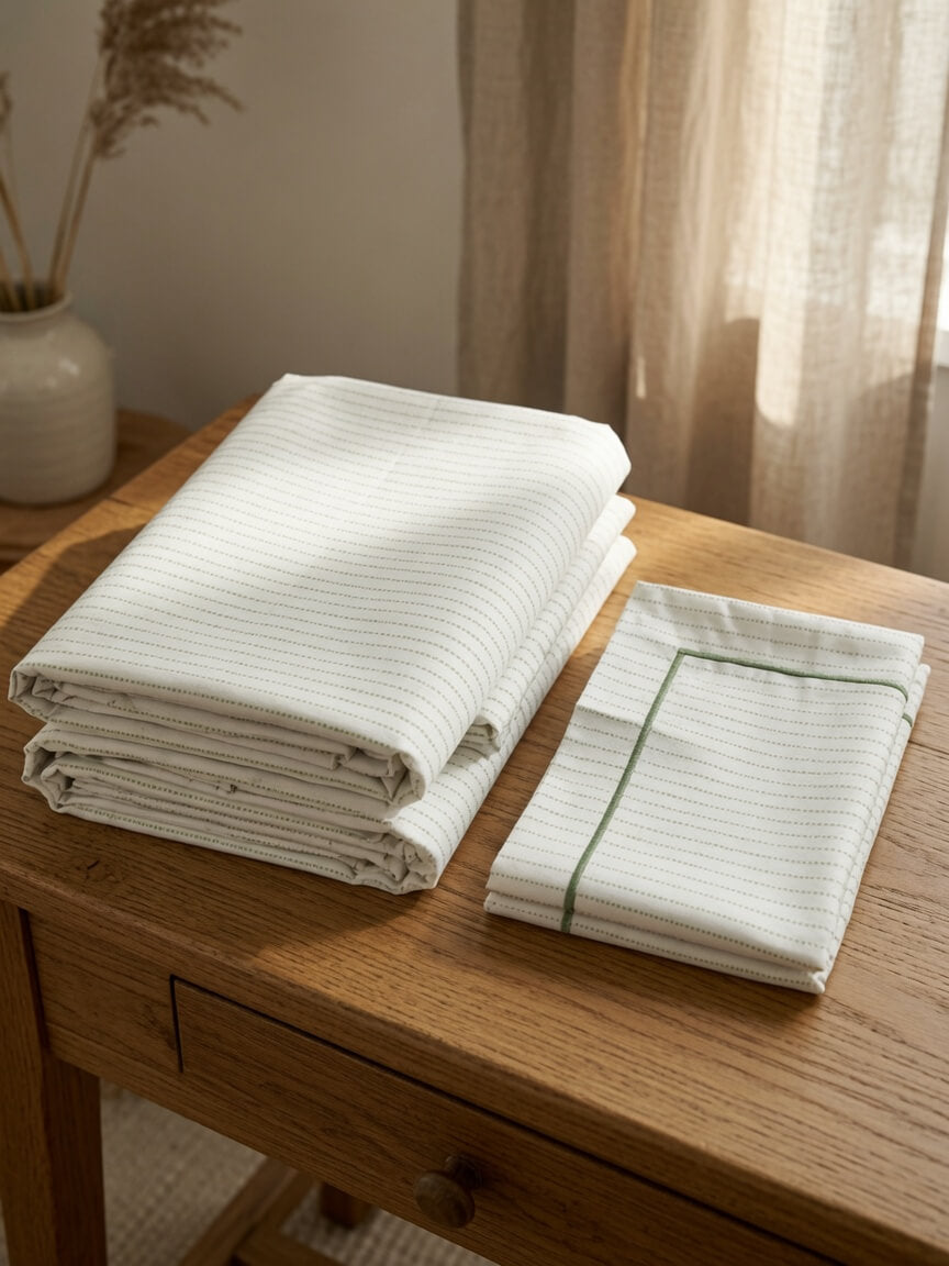 Zeren Threads Minimalist Striped White & Olive Green King Size Bedsheet Set