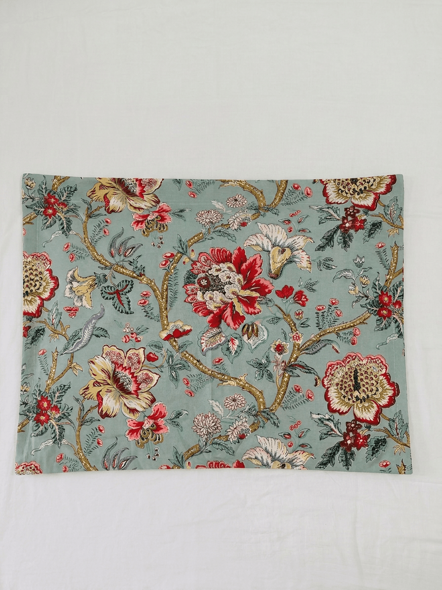 Zeren Threads Pale Turquoise Floral Cotton King Size Fitted Bedsheet Set | 100% Cotton | Premium Botanical Print