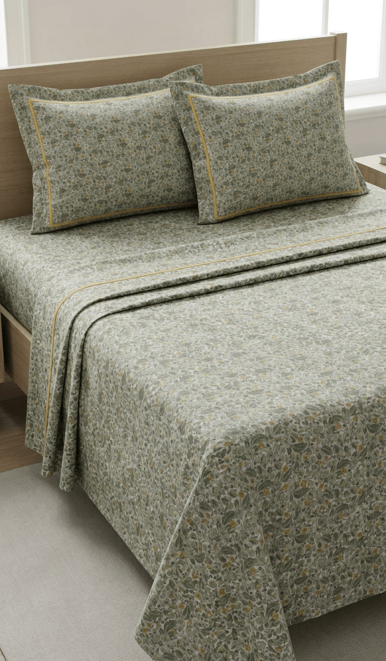 Zeren Threads Sage Meadow Floral King Size Bedsheet Set - Premium Soft Fabric - Botanical Print