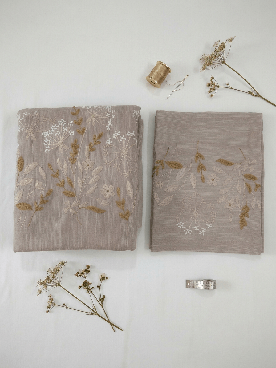 Zeren Threads Embroidered Botanical Cotton King Size Bedsheet Set | Taupe Beige