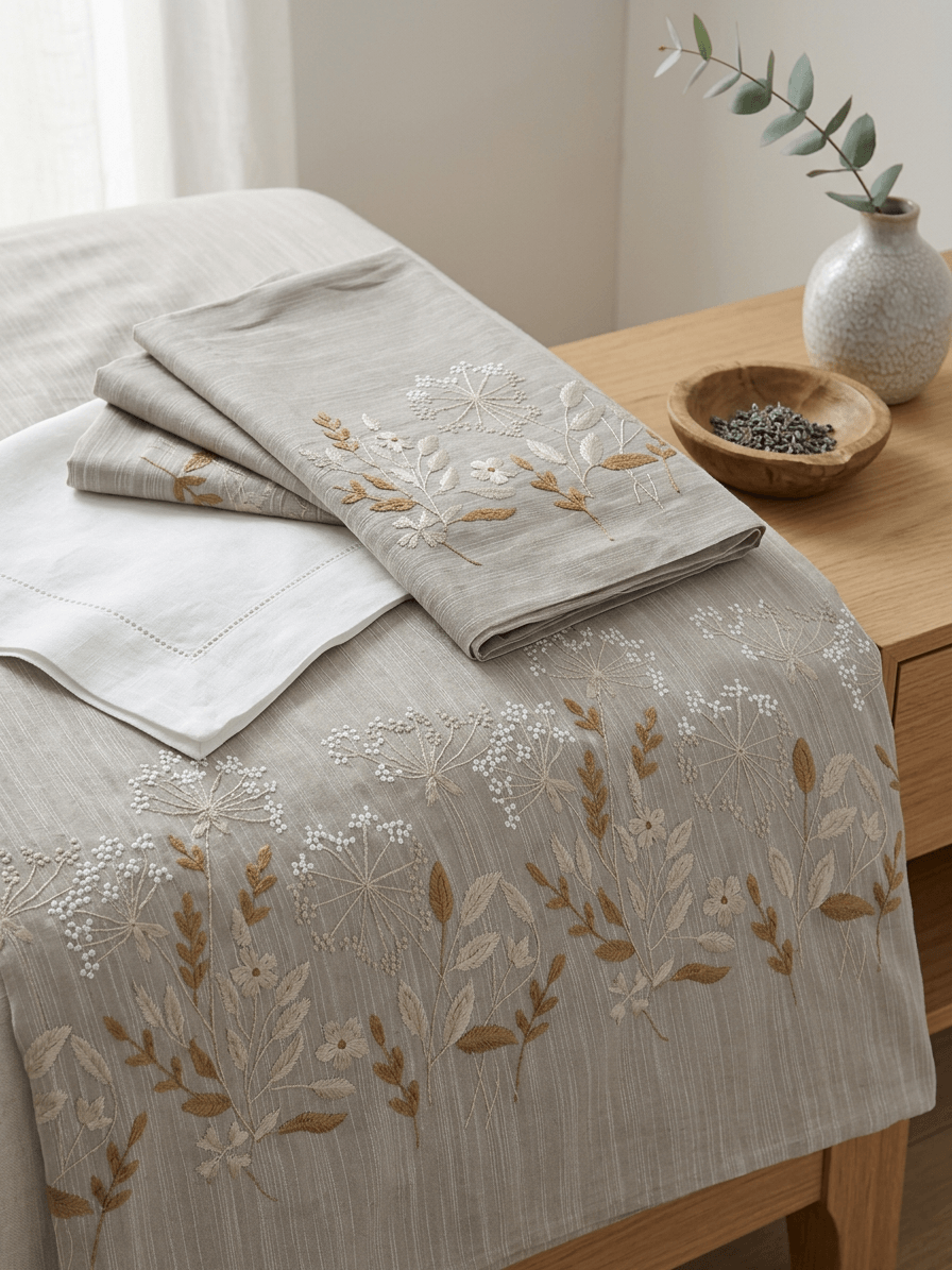 Zeren Threads Embroidered Botanical Cotton King Size Bedsheet Set | Taupe Beige