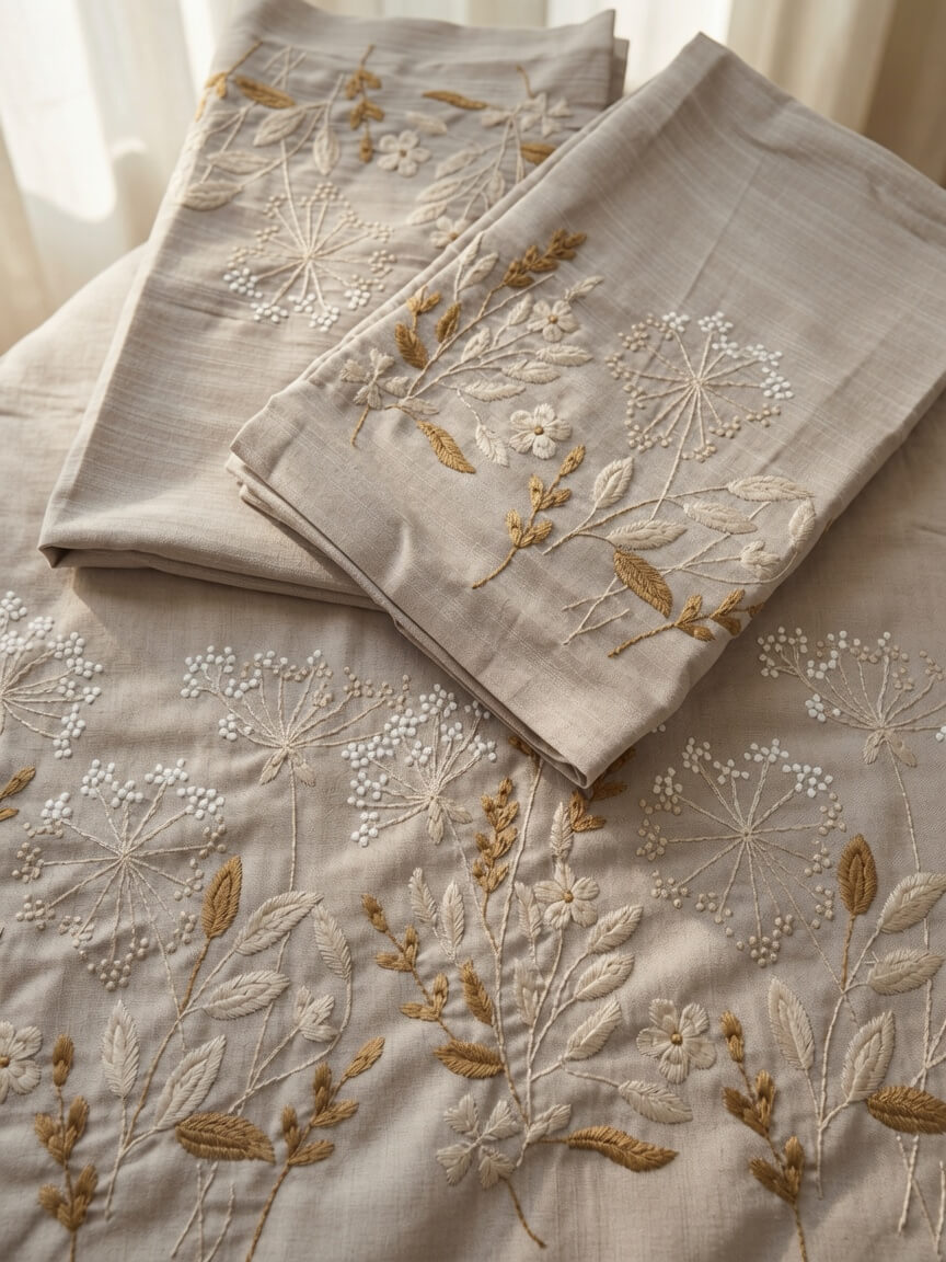 Zeren Threads Embroidered Botanical Cotton King Size Bedsheet Set - Taupe Beige