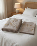 Zeren Threads Embroidered Botanical Cotton King Size Bedsheet Set - Taupe Beige