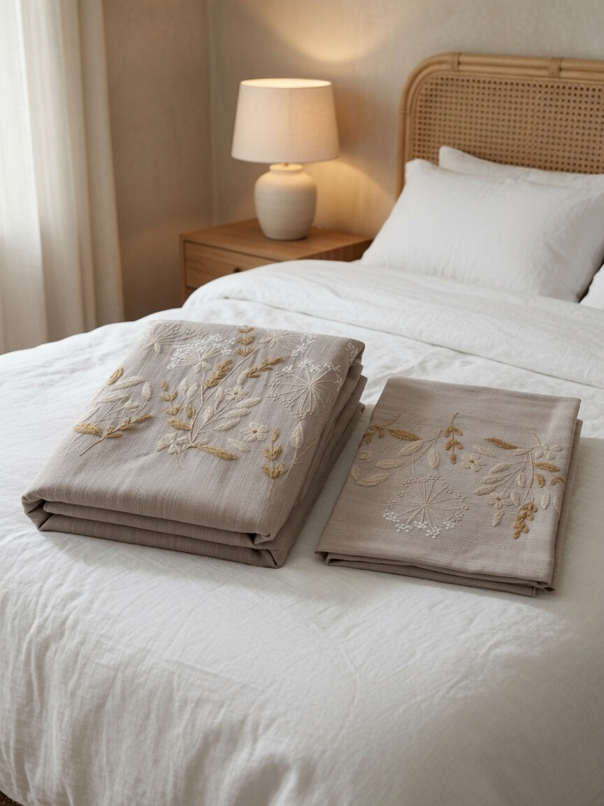 Zeren Threads Embroidered Botanical Cotton King Size Bedsheet Set - Taupe Beige