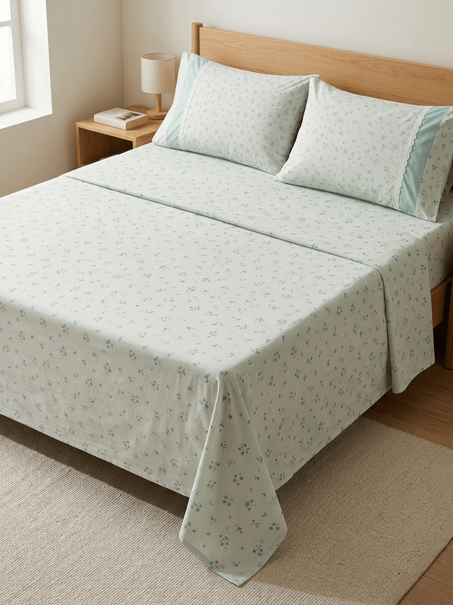 Zeren Threads Delicate Blue Floral Cotton King Size Bedsheet Set - Premium Soft Cotton - Elegant Lace Accent