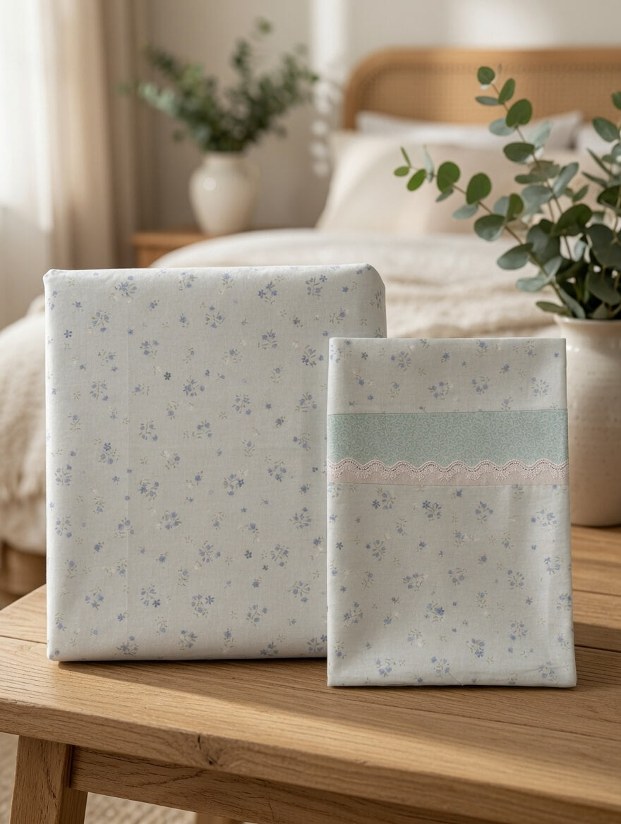 Zeren Threads Delicate Blue Floral Cotton King Size Bedsheet Set - Premium Soft Cotton - Elegant Lace Accent