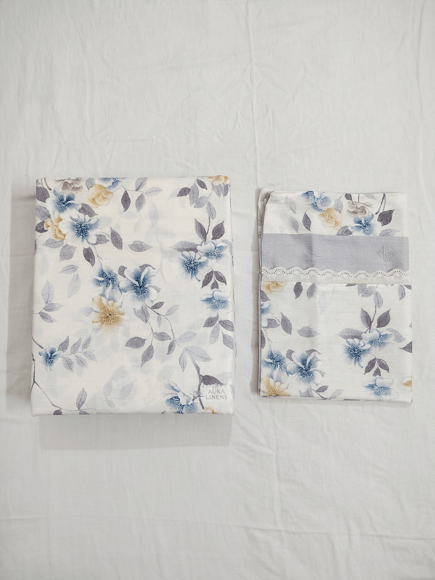 King Size Floral Cotton Bedsheet – Soft Breathable Premium Cotton | Blue & Grey Floral Print