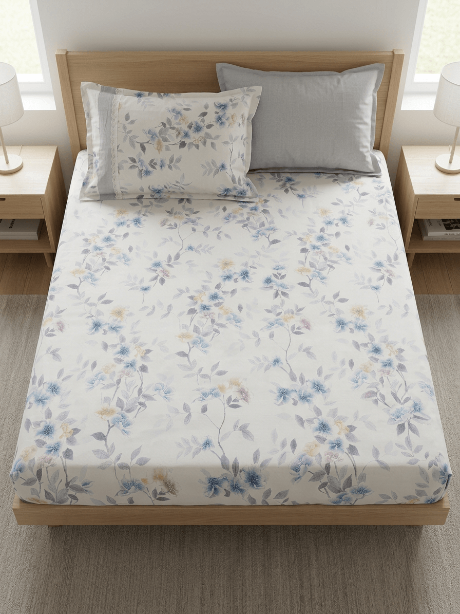 King Size Floral Cotton Bedsheet – Soft Breathable Premium Cotton | Blue & Grey Floral Print